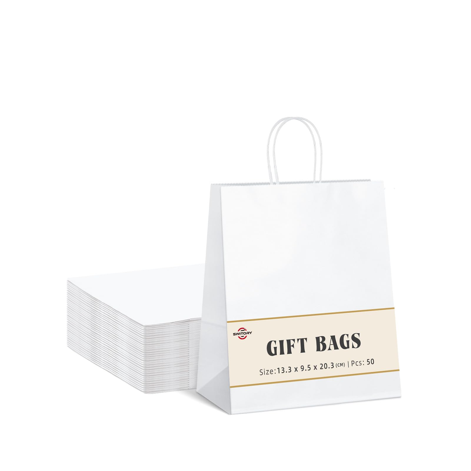 Switory 50pc Paper Bag with Handles. White Kraft Gift Bags for Presents to Party Favor, Birthday,Christian,Thanksgiving,Christmas, Wedding13.3x9.5x20.3cm