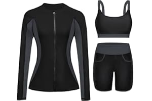 YONIQUE Women 3 Piece Rash Guard - Long Sleeve Swimsuit Built in Bra Swim Shirt Zip Bathing Suit with Pocket Shorts