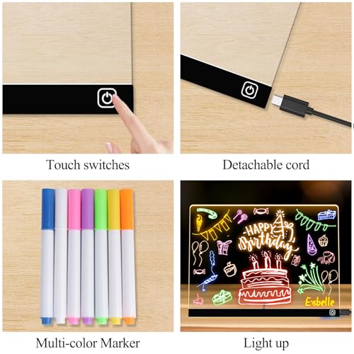 Exbelle 16“ LED Drawing Board 7 Colors Light Acrylic Dry Erase Lumiboard Board for Kids 2 Modes as Night Light for Room/Store/Office Ideal Gift for Festival Decoration 7 Markers