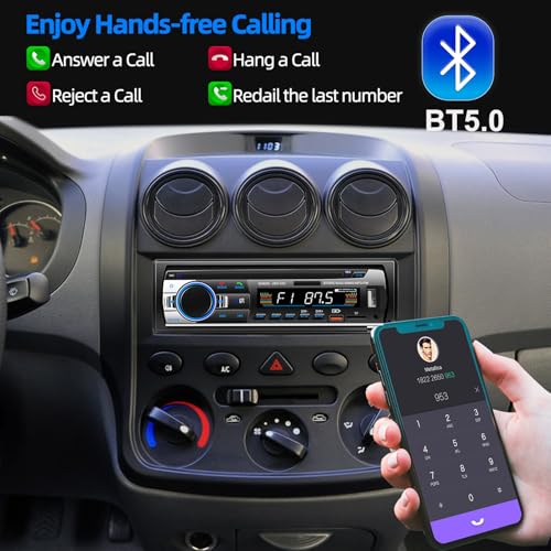 Car Radio Bluetooth 5.0, 4 x 60 W 1 DIN FM Car Radio with Hands-Free Function, Stereo Sound with Clock/Remote Control/Double USB/LCD Screen, Supports 2 USB/AUX/SD/TF/EQ/DSP