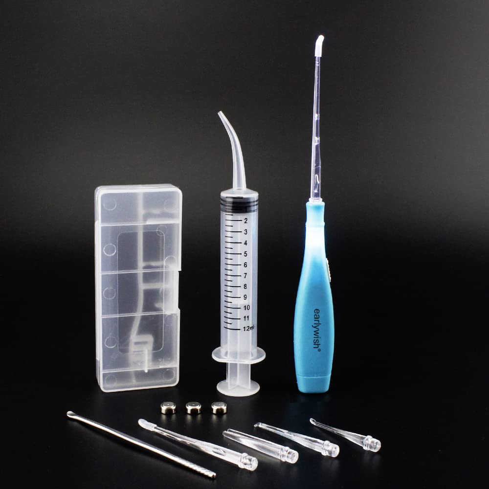 Earlywish Upgraded 6.75" Long LED Lighted Tonsil Stone Remover Tool, Blue, 5 Tips, Tonsillolith Pick Case + 1 Irrigator Clean Curved Tip Syringe