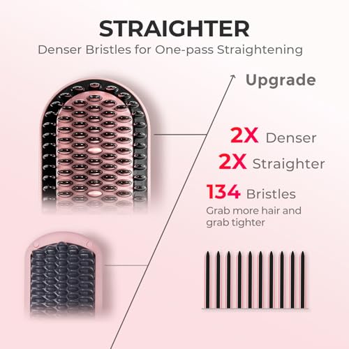TYMO Ionic Plus Hair Straightener Brush UK, Upgraded Straightening Brush with Dense Bristles for Thick Hair, 16 Temps (80℃~230℃) LED Display, 10 Million ions, Dual Voltage, Hot Comb for Women (Pink)