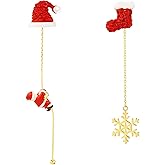 RLHRNDE Christmas Earrings for Women Girls 14K Gold Snowflake Slidable Santa Claus Threader Tassel Earrings Red Crystal Hat Sock Studs Earring Cute Christmas Party Jewelry