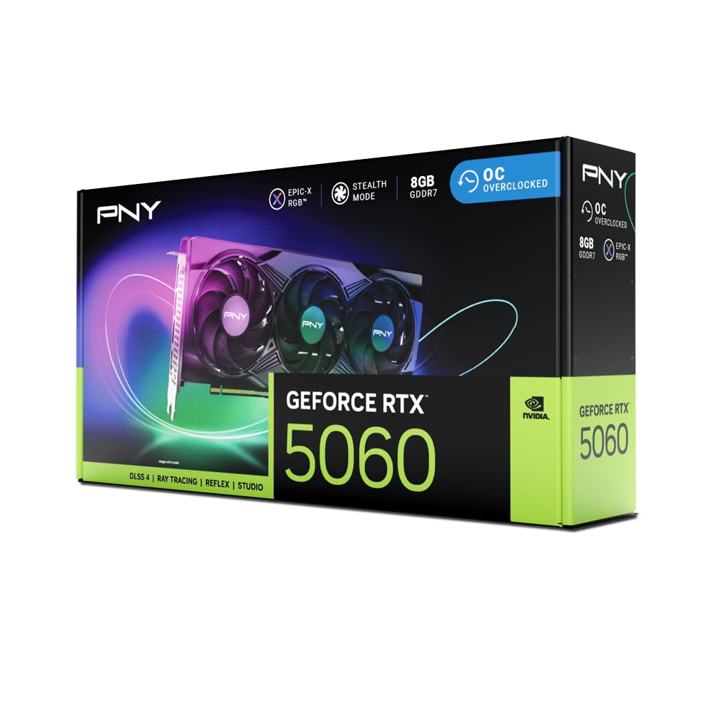 PNY NVIDIA GeForce RTX? 5060 8GB ARGB Overclocked Triple Fan Graphics Card (DLSS 4, PCIe 5.0, HDMI/DP 2.1, 2-Slot, Epic-X? RGB Lighting)