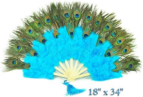 Hot-fans Peacock Eye Marabou Feather Fan with Bamboo Staves 18" X 34", Turquoise