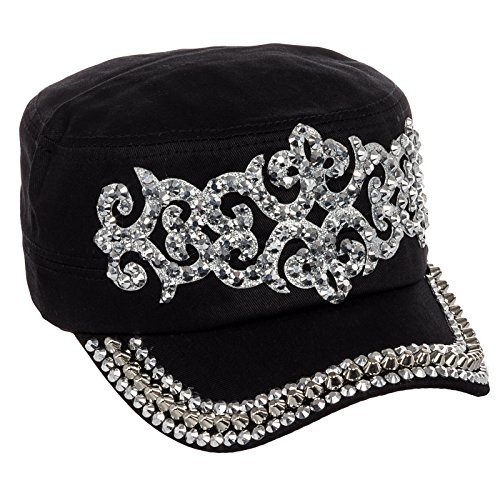 Crystal Case Women's Cotton Rhinestone Studded Medieval Military Cap Hat (Black)