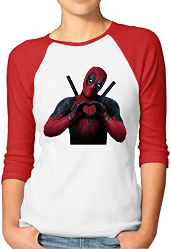 Womens Deadpool Superhero Cotton 3/4 Sleeve Raglan Shirt Red Small
