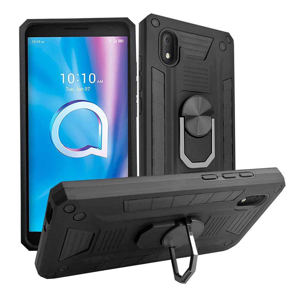 SDTEK Case Compatible with Alcatel 1B (2020), Strong Rugged Hybrid Phone Cover with Built in Magnetic Ring Holder (Black)