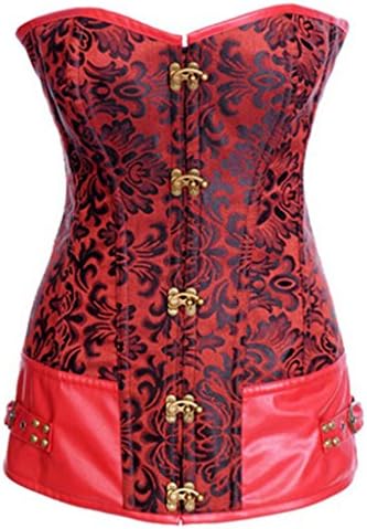 Wiipu Floral Denim Lace Up Boned Corset Busiter(L17)-Large 2#Red