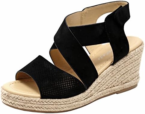 Classified Women's Strappy Open Toe Espadrille Wedge Platform Heel Sandals PVW, Black 6 B(M) US