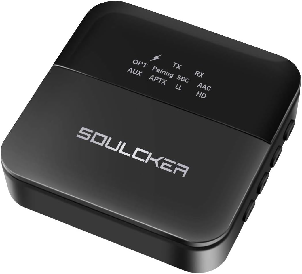 Bluetooth Adapter Audio, Soulcker Bluetooth 5.0 Transmitter Receiver 2-in-1 Wireless Car Aux Adapter for Music Streaming Sound System Dual Mode Protable Stereo Audio for Home TV, PC, Headphones, Speak