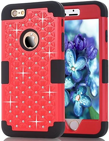 6S Plus Case, iPhone 6 Plus Case, iPhone 6S Plus Case, Speedup Diamond Studded Crystal Rhinestone 3 in 1 Bling Hybrid Shockproof Cover Silicone and Hard PC Case For iPhone 6/6S Plus (Red Black)