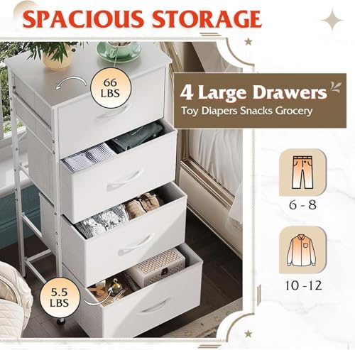 Storage Cabinet for Bedroom, Dresser with 4 Drawers, Fabric Clothes Storage Organizer Unit, Dresser for Hallway, Entryway, Closets, Sturdy Steel Frame, Wood Top, Easy Pull Handle (White)