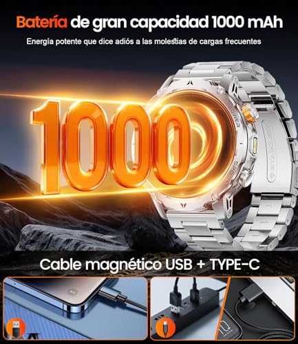 EF24-D Men's Smart Watch with 1000 mAh/Flashlight/Bluetooth Call, 1.7 Inch Military Smartwatch with 110+ Sports Modes, IP68 Waterproof, Heart Rate, Android iOS, 3 Bracelets+2 Chargers