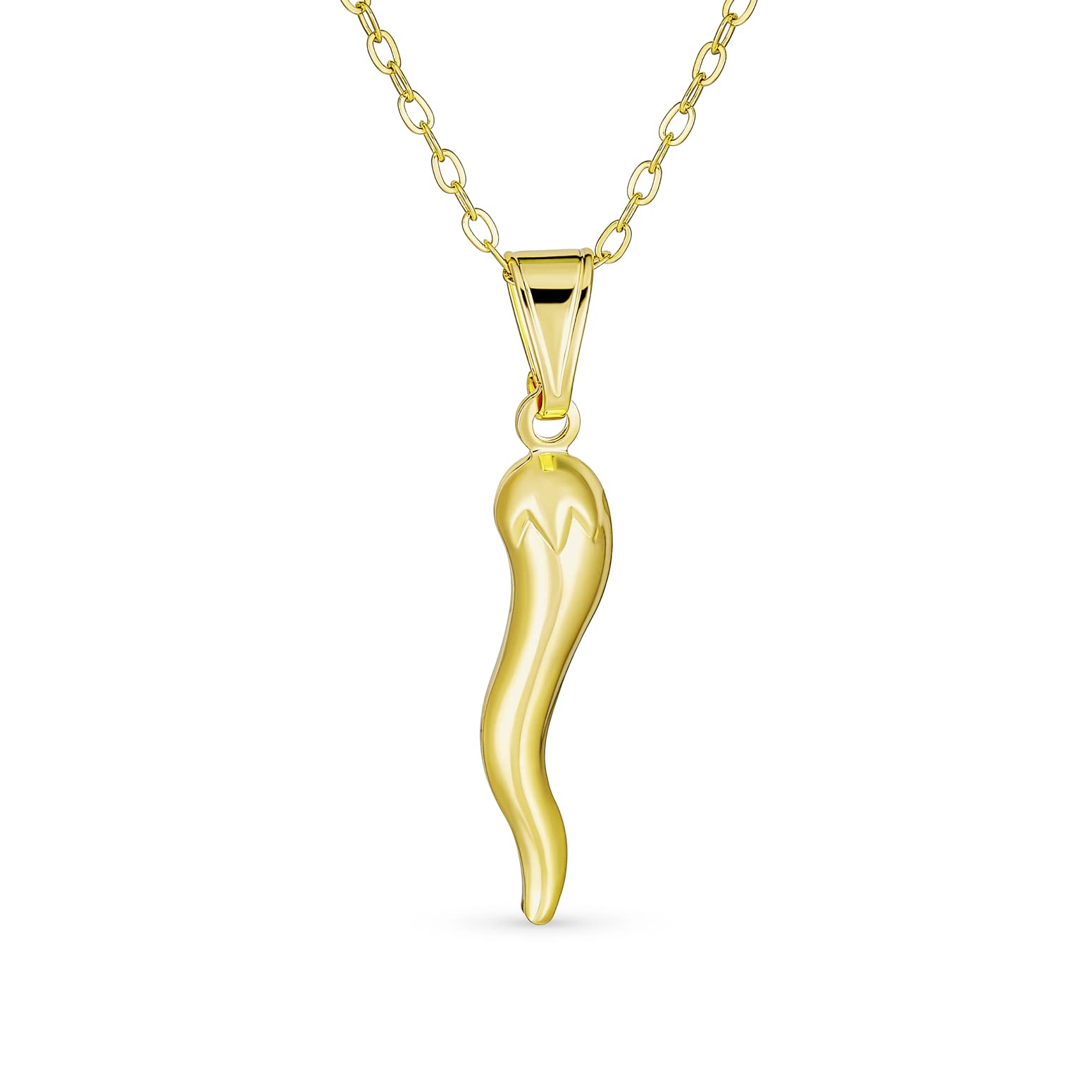 Bling Jewelry Simple Lightweight Italian Chili Pepper Horn Protection Tooth Cornicello Amulet Pendant Necklace For Women For Teens Yellow Gold Plated With 18" Chain