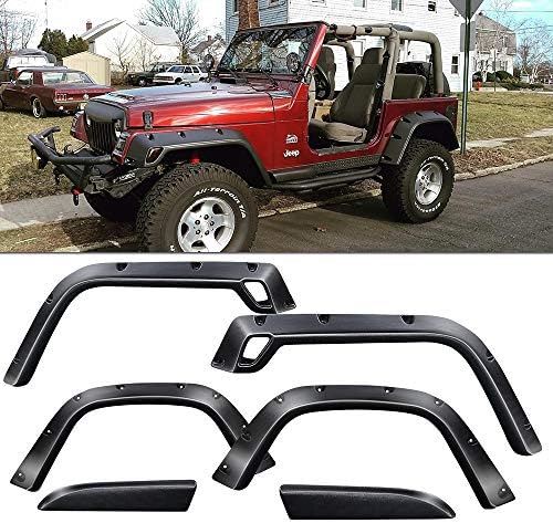 TURBOSII For 1997-2006 Jeep Wrangler TJ Factory Style 4pcs Paintable ABS Smooth Wheel Fender Flares (Black),1 YEAR WARRANTY
