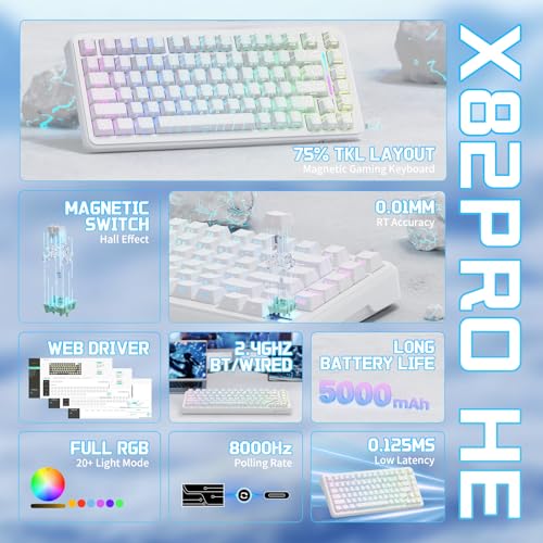 ATTACK SHARK X82PRO HE 75% Wireless Gaming Keyboard with Quick Trigger, Hall Effect Magnetic Switch Keyboard with Adjustable Actuation RT 0.01 mm, 8 KHz, Hot-Swap, RGB, Gamer (White)