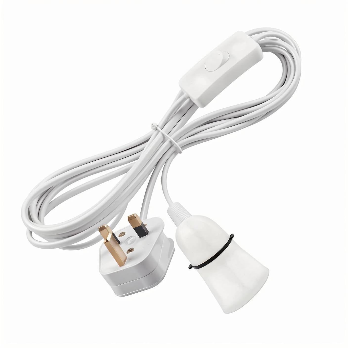TWDRTDD B22 Bayonet Lamp Holder with Cord Switch,Phenolic BS UK Power Cord with 3 pin Fused Plug and 1.5m Wire (White, with Switch)