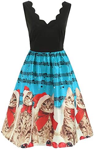 Liqiuxiang Vネック ネコ ドレス クリスマス ワンピース ねこ柄 カクテルドレス スイングワンピース レトロワンピース 結婚式 ミモレ丈 スカート チュニック ノースリーブ 猫柄 Programma Utilizacii Avtomobiley Ru