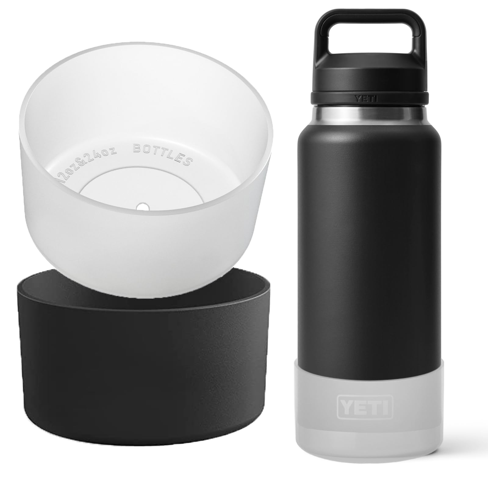 Photo 1 of OAWEEN 2 pcs Silicone Boot for YETI Rambler Water Bottle 36 46 oz Bottom Diameter from 3.55" to 3.93" Anti-Scratch Protective Sleeve Anti-Slip Clear Cover Outdoor Use Accessories, Black