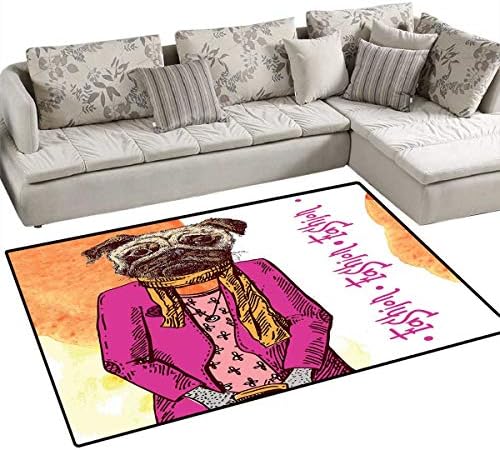 Pug Anti-Skid Rugs Fashion Icon Dog with Cool Clothes Scarf Necklace Jacket Handbag Tainted Background Girls Rooms Kids Rooms Nursery Decor Mats 3'x5' Hot Pink Amber