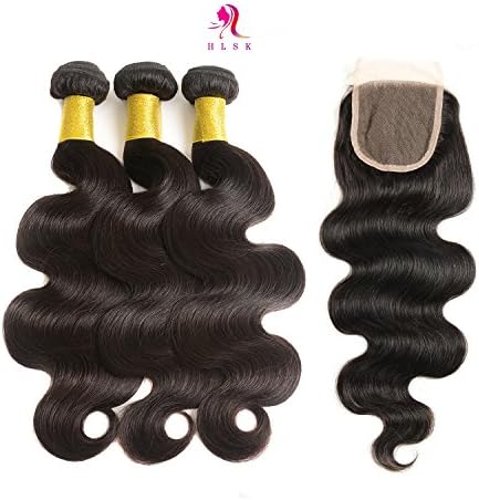 HLSK Hair Brazilian Body Wave Virgin Remy Human Hair 3 Bundles 300g with 12 Inch Lace Closure Human Hair Extensions 4"x4" Free Part Natural (12 14 16+12 Closure)