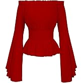 Womens Renaissance Long Sleeve Blouse Victorian Pirate Shirt Boho Tops Ruffle Smocked Waist Cosplay Costumes