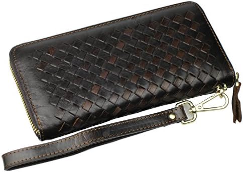 Propado Men’s Weave Leather Wallet Zipper Arround Clutch Purse with Coin Pocket, Wrist Strap 9330 (Chocolate)