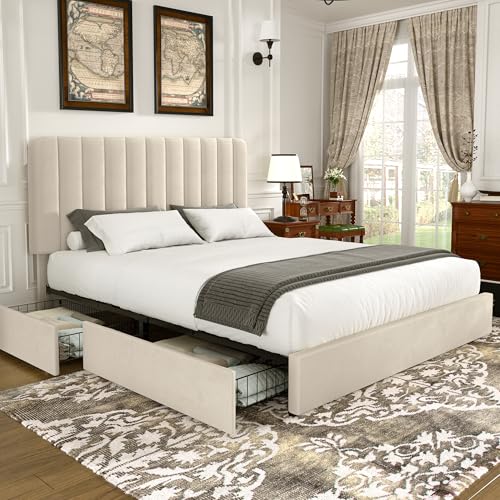 VECELO King Size Upholstered Bed Frame with 4 Drawers and Headboard ...