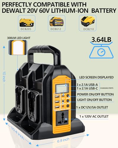 350W Power Inverter for Dewalt 20v 60v Battery, 4-Ports DC 20V to AC 110-120V Pure Sine Wave Battery Inverter with 3 USB-A Port, 1 USB-C Port,300lm LED Light for Camping Travel Emergency(Tool Only)