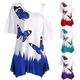 GIFC Clearance Women Plus Size T-Shirt Butterfly Print Floral Short Sleeve Off Shoulder Casual Loose Tank Tops Blouse