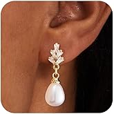 HANLI Pearl Dangle Earrings for Women - 14K Gold Plated Dainty Cubic Zirconia Pearl Drop Wedding Stud Earrings for Brides Bridal Jewelry