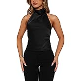 Womens Mock Neck Satin Tank Tops Backless Silk Halter Top Sexy Open Back Sleeveless Crop Tank Top Dressy Casual