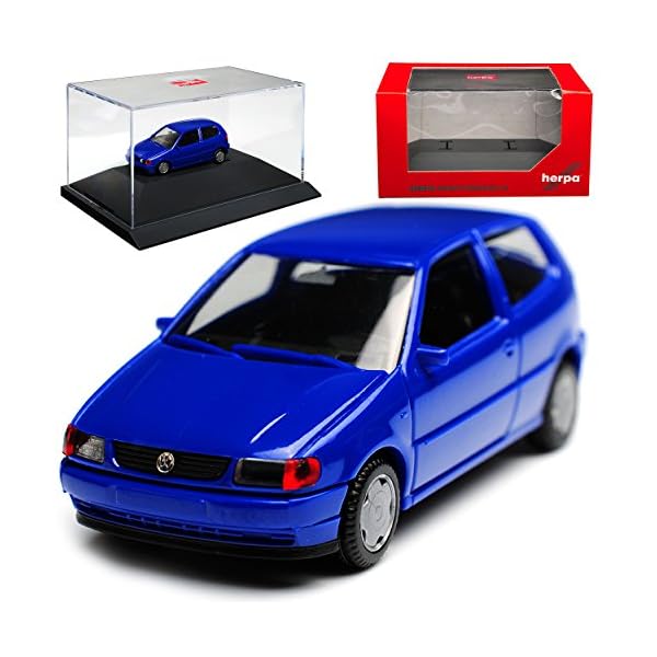 Herpa Volkwagen Polo 6N III 2 Türer Blau 1994-2001 mit Sockel und Vitrine H0 1/87 Modell Auto mit individiuellem…