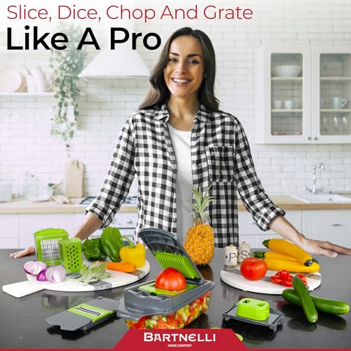 Bartnelli Cortador de vegetais Pro | 15 peças de utensílios de cozinha multifuncionais para cebola, vegetais, ralador de queijo, cortador de legumes com recipiente grande, fácil de limpar, com escova e garfo bônus