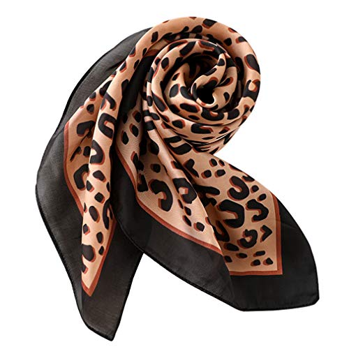 GERINLY Silk Feel Scarves Animal Print Leopard Neck Wrap Head Scarf (Khaki Black)