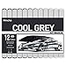 Mincho Dual Tip Grayscale Markers Pens - Permanent Sketch Cool Grey Tones Art Paints Pen for Illustration, Drawing, Outlining, Shading, Rendering - Set of 12 Colors Includes Colorless Blender
