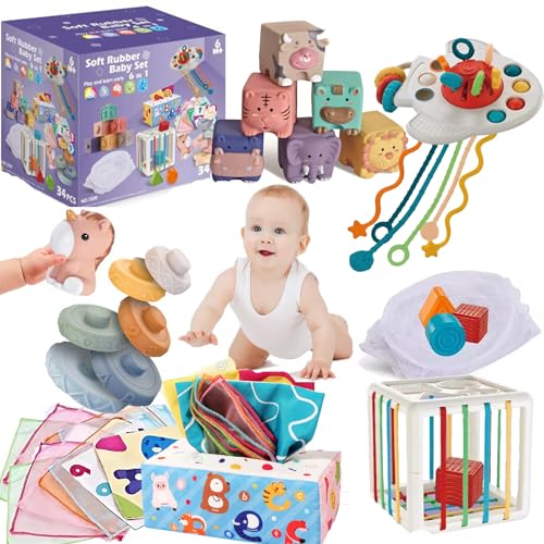 AM ANNA Montessori 6 in 1 Baby Toys for 6-12 Months - Infant Sorter Sensory Bins for Toddlers 1-3, Stacking Blocks, Silicone Teething Toys, Pull String Toy for Boys & Girls - 34pcs