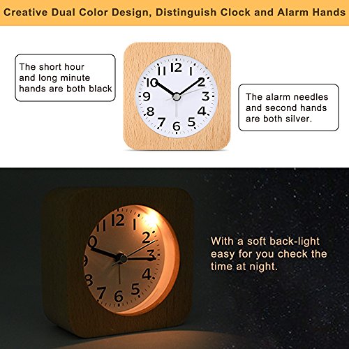 TXL 5.5" Wood Alarm Clock Digital Battery Operated Silent Desk Clock Snooze and Light Function, Beep Sounds, Gentle Wake, Ascending Alarm, Easy Set Kids Bedside Mute Beech Clock for Office/Seniors