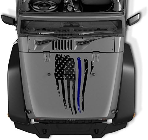 Thin Blue Line Reversed Decals for Jeep Wrangler Tattered Distressed USA American Flag USA Made + Free Decal (Black)