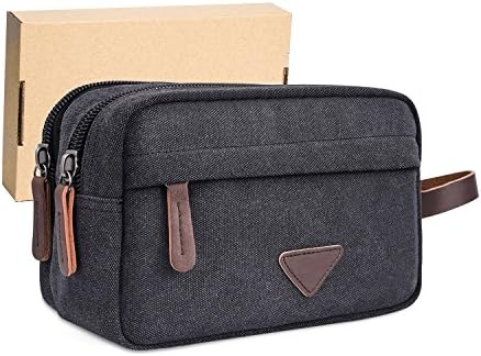 DELSWIN Men Canvas Travel Toiletry Bag, Shaving Dopp Kits with Double Compartments, Bathroom Travel Organizer Cosmetic Bags, Comes with Gift Box by (Black)