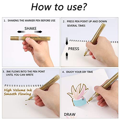 AVAVA Acrylic Paint Pens, 12 Pack (3 Black 3 White 3 Gold 3 Silver) 3mm Permanent Painting Markers DIY Craft for Rock Ceramic Glass Wood Plastic Canvas Fabric Mug, Quick Dry, High Volume Ink