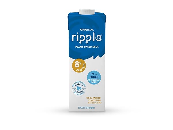 RIPPLE NON-DAIRY MILK, ORIGINAL, 32OZ | VEGAN MILK WITH 8G PEA PROTEIN PER SERVING | SHELF STABLE | BETTER FOR YOU, BETTER TASTING TOO | NON GMO, PLANT BASED, GLUTEN FREE, NUT FREE, SOY FREE