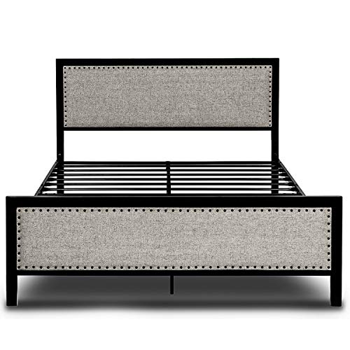 Amooly Upholstered Metal Platform Bed Frame/Riveted Headboard Footboard/Strong Steel Slat Support/Under Bed Storage,Queen,Gray - Thumbnail 6