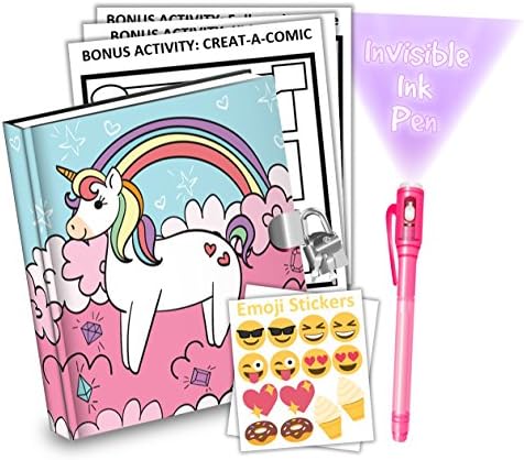 Rainbow Unicorn Pegasus Kids Diary With Lock Includes 6.5 Inch Diary, Invisible Ink Pen, Stickers, &amp; Bonus Activity Pages