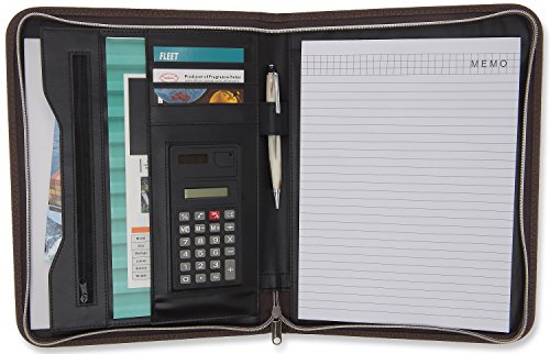 Careli Business Padfolio Portfolio with BONUS Wallet + Calculator + Writing Pad, Stylish Brown Faux Leather Resume Holder Organizer with Zippered Closure, Multiple Pockets, #1 Gift for Professionals