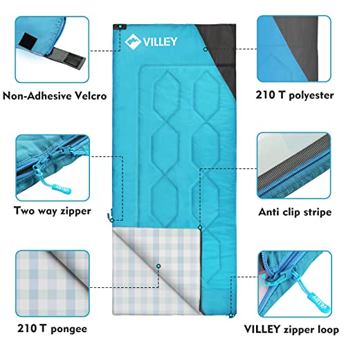 VILLEY Camping Sleeping Bag, Lightweight Backpacking Sleeping Bag with Carrying Bag for Adults & Kids, Outdoor Camping Hiking Equipment for 3 Season Warm & Cool Weather - Summer, Spring, Fall (Blue)