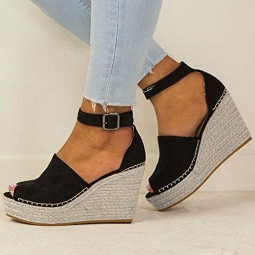 Corriee Womens Girls Summer Fashion High-Heeled Sandals Women Stylish Buckle Strap Wedges Shoes Black - Thumbnail 2