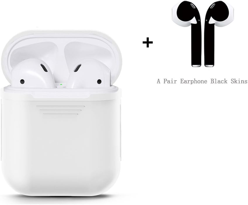 AKeel AirPods Case Protective Silicone Thin Slim Cover and Stylish Protective Skins Bundle for Apple Airpods (Clear Case & Matte Black Skin) (White)
