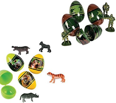 Set of Animal Toy-Filled Plastic Easter Eggs includes army style and all types of different toys inside